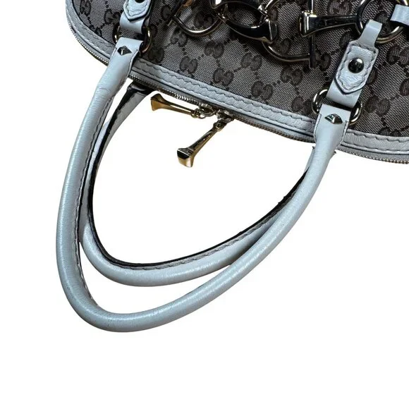 Gucci Beige/White GG Canvas and Leather Medium Horsebit Nail Dome Satchel - Picture 7 of 11
